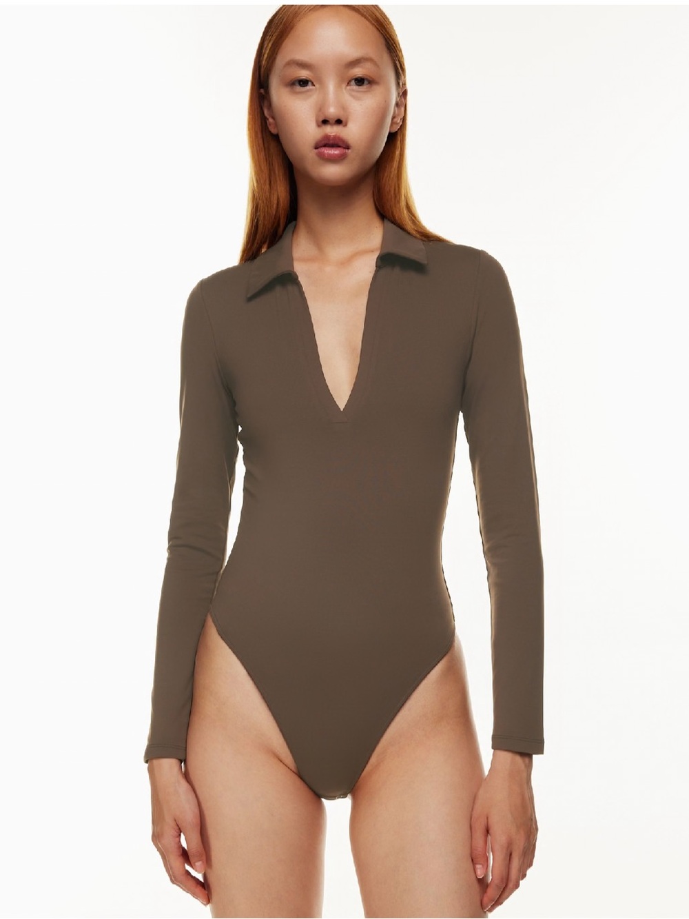Aritzia Babaton Polo bodysuit, Size M, rich mocha brown